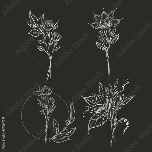Black and white floral illustration abstract flowers outline. 
