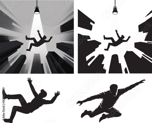 Vector isolated black silhouette man falls