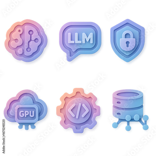 AI 3D rendering paper-cut layered icon set on transparent background, pastel gradient brain circuit, LLM chat bubble, shield lock, cloud GPU, code gear and database nodes for UI UX dashboards