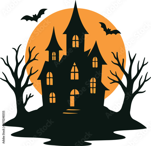 Spooky haunted house with a glowing bats silhouetted against a full moon on a dark autumn night