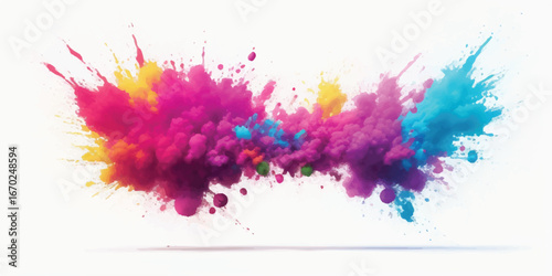 Abstract watercolor explosion design featuring bold colorful splashes and vivid brush stains on white canvas, modern artistic background for poster template, stock image, flyer and web artwork