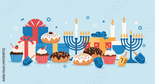 Hanukkah holiday celebration with menorah candles, dreidels, sweet donuts, gifts and cupcakes