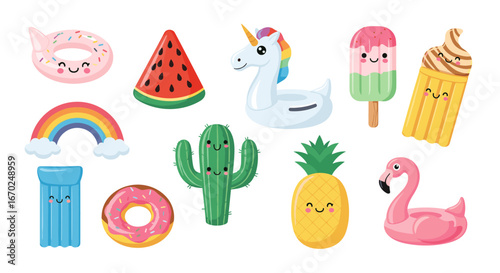 Summer fun with cute pool floats pineapple unicorn and flamingo for vacations and beach days illustrations