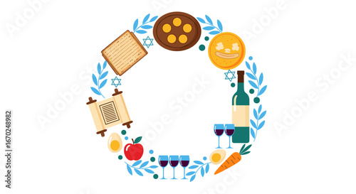 Joyful Passover Seder plate with matzah, wine, and festive elements for a happy holiday celebration