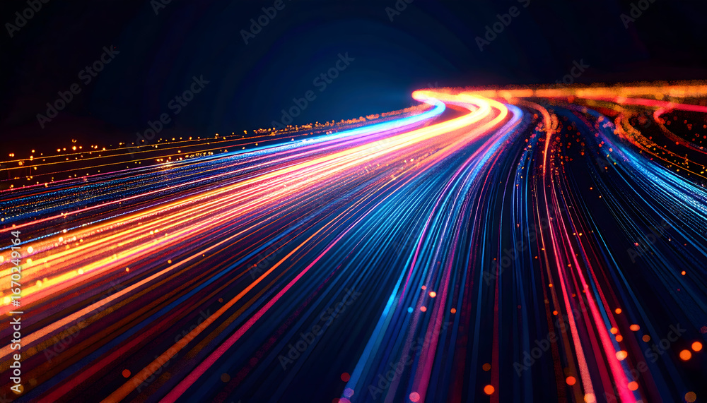 Obraz premium Abstract Light Trails in Motion: Vibrant Colorful Streaks on a Dark Background