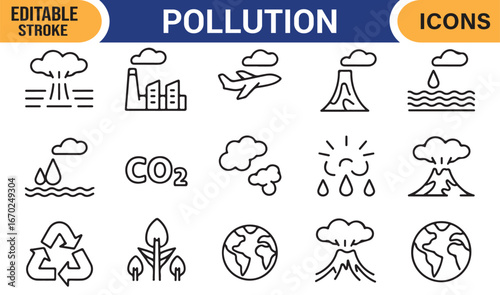 Editable vector icons of pollution, recycling, conservation, and climate change