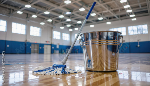 Cleaning supplies including mop and bucket in gymnasium space  