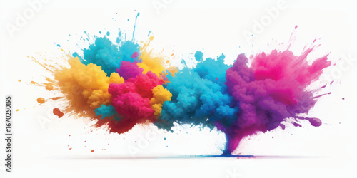 Watercolor explosion artwork with abstract colorful stains and vivid brush splashes on white background, bold modern artistic design for creative stock photo, presentation, poster or flyer artwork