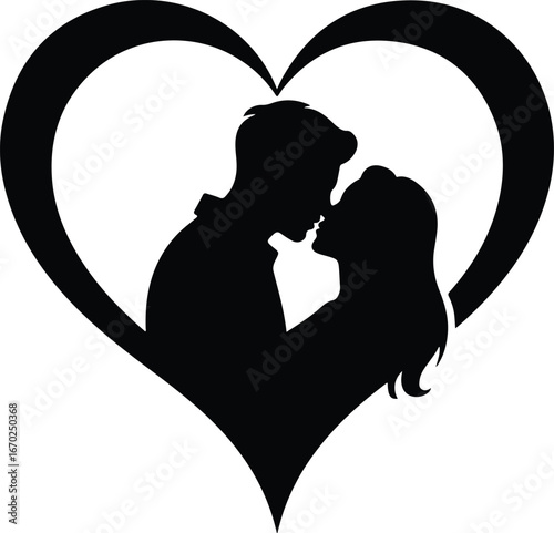 Romantic couple silhouette kissing inside a heart shape