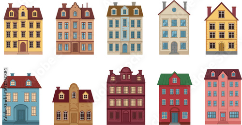 Colorful European Style Houses Collection, Urban Architecture Facades, Vintage Residential Buildings, Charming City Homes for Real Estate Design Projects