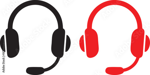 headset, headphones, microphone, communication, support, call center, audio, sound, technology, icon, symbol, graphic, design, illustration, vector, black, red, white background, isolated, service, op