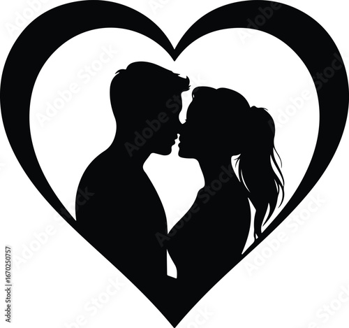 Romantic couple silhouette within heart shape for wedding designs