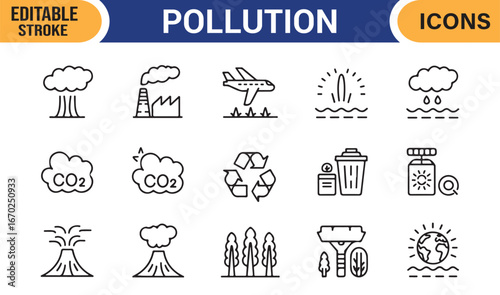 Editable stroke icons of climate change, carbon dioxide, and global warming issues