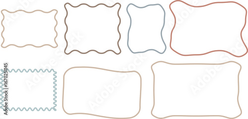 Doodle hand drawn frames with irregular uneven shapes, curved picture and painting frameworks. Vector wavy rectangles with grain texture. Vector retro doodle blank illustration

