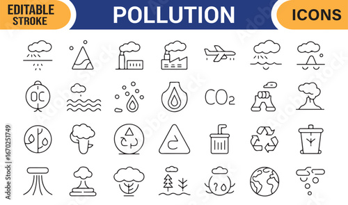 Vector icons of pollution including emissions, trash, and environmental damage symbols