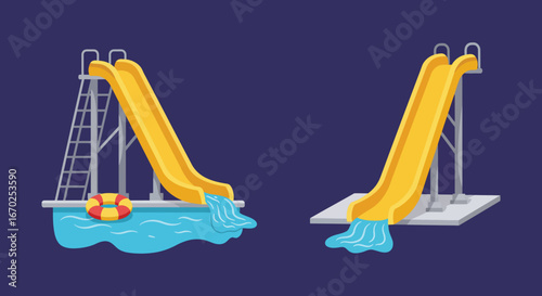 Two yellow water slides with water and ladders on a blue background