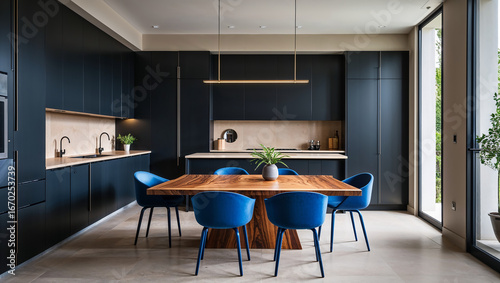 Wallpaper Mural Chic Minimalist Kitchen with Blue Chairs and Wooden Table Torontodigital.ca