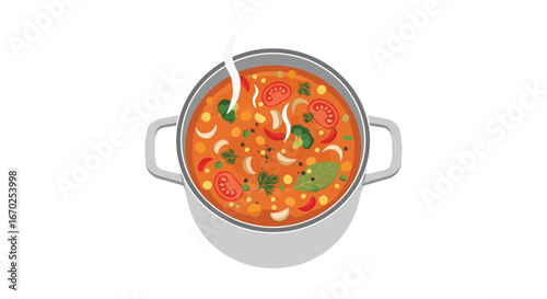 Overhead view of a pot of steaming vegetable soup ready to eat