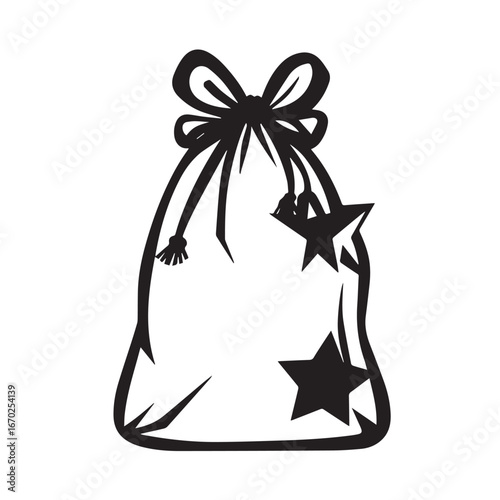Vector art of black and white drawing of a gift bag with a bow and stars