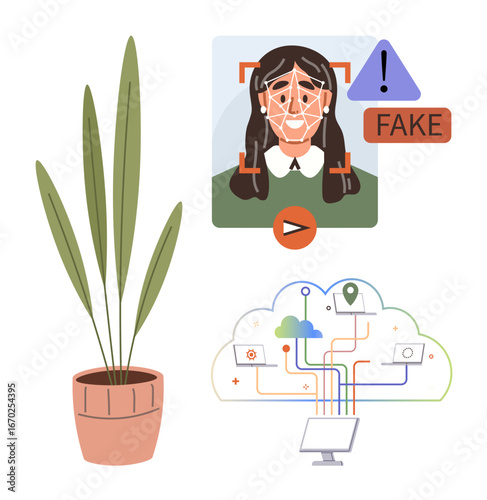 AI detecting deepfake video, a potted plant, and an interconnected cloud system with devices. Ideal for AI, cybersecurity, technology ethics, innovation, visual security, digital transformation