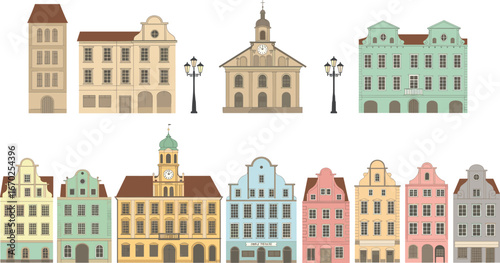 Old European town street view, colorful vintage buildings, historical architecture, traditional facades, classic cityscape, charming marketplace with street lamps