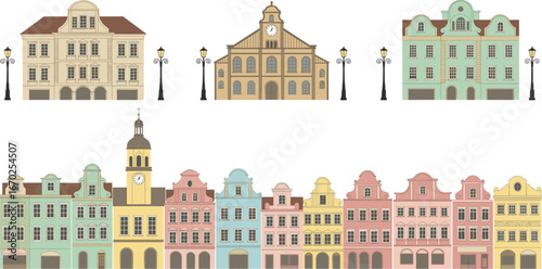 Old European town street view, colorful vintage buildings, historical architecture, traditional facades, classic cityscape, charming marketplace with street lamps