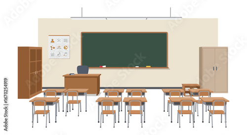 Empty Classroom with Desks Chalkboard and Cabinets Ready for Students