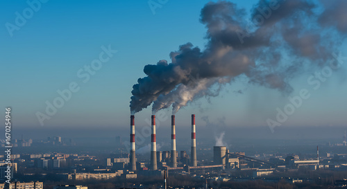 Air pollution from factory chimneys billowing smoke over an urban landscape, contributing to environmental damage and climate change