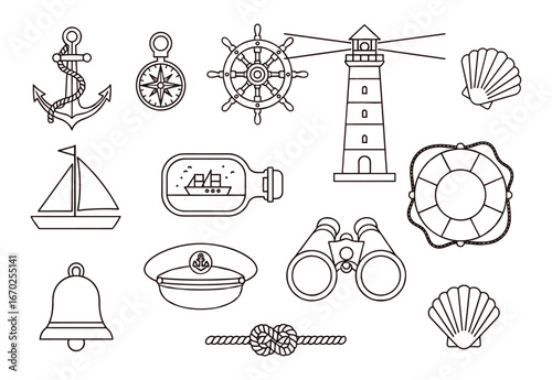 Nautical Elements Set Outline Style Marine Anchor Compass Lighthouse Seashell Ship Bell Binoculars and Cap Vector Illustration