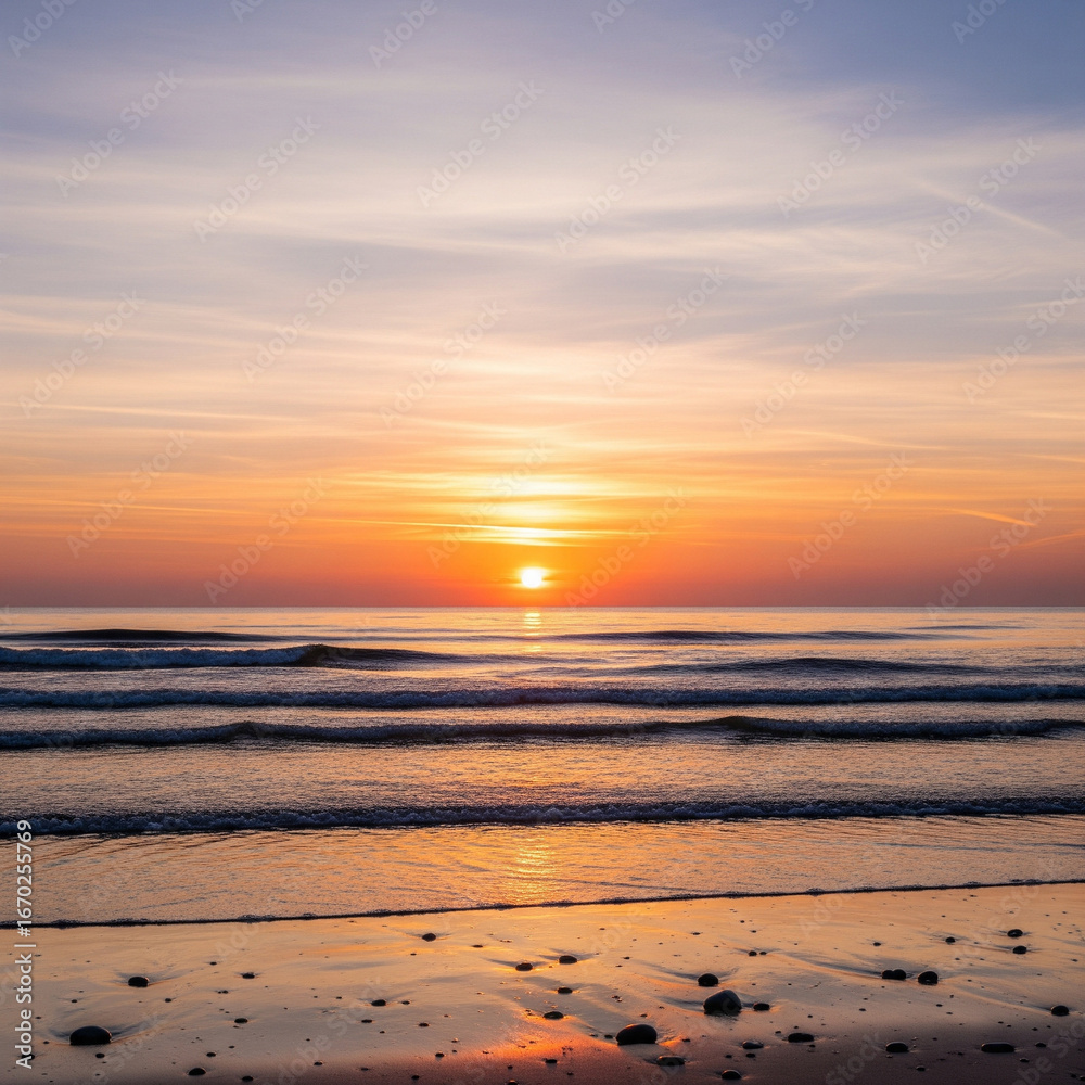 Fototapeta premium A serene sunset over the ocean, with gentle waves lapping at a sandy beach reflecting the warm colors of the sky.