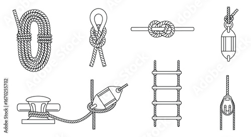 Nautical Knots and Ropework Designs Collection, Marine Elements, Maritime Theme Illustrations Set, Rope ladder, Vector Illustration