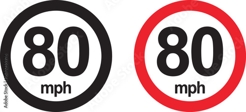 speed limit, 80 mph, traffic sign, road sign, regulation, restriction, transportation, driving, information, symbol, circular, black, red, white background, mph, speed, maximum speed, highway, road, t