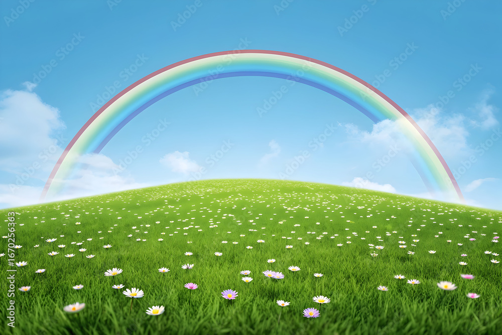 Naklejka premium Lush green meadow vibrant daisy flowers clear blue sky brilliant rainbow serene idyllic natural landscape digital art jpg file