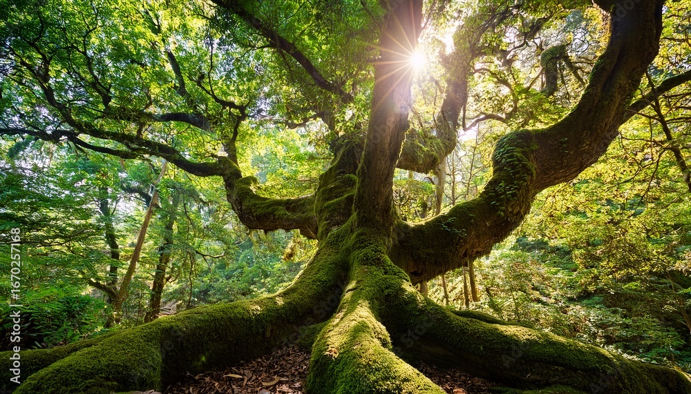Obraz premium sunlight streams through an ancient moss covered tree in a lush green forest environment today