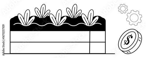 Plants growing in soil layers symbolize agriculture, supported by gears for optimization and a coin for economic investment. Ideal for agriculture, finance, sustainability, technology, farming