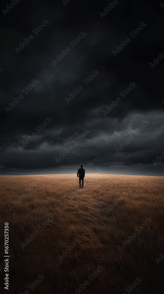 Fototapeta premium Lone figure walking across vast field under dramatic storm clouds