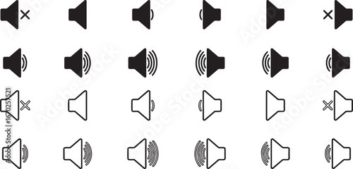 speaker, volume, sound, audio, mute, volume up, volume down, icon, symbol, interface, control, level, high, low, off, on, digital, graphic, design, element, set, collection, user, technology, communic