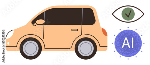 Orange car with focus on autonomous driving, AI symbol, and vision recognition icon. Ideal for technology, innovation, transportation, automation, safety, future mobility artificial intelligence