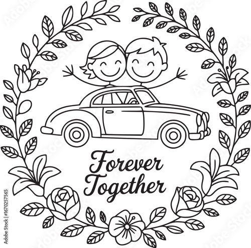 Forever Together: A charming monochrome illustration captures the essence of enduring love with a couple joyfully perched atop a vintage car, embraced by a floral wreath.