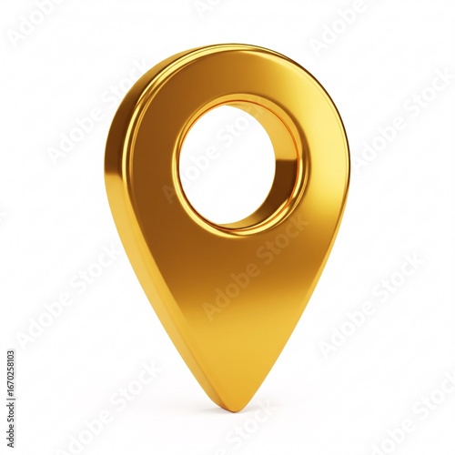 A three-dimensional glossy gold location pin symbol standing upright,