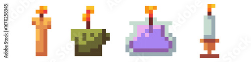 Pixel candle icon vector art for game. Cute 8bit illustration with fire sparkle in purple and green. Retro fantasy arcade sprite. Magic sorcery artifact with mosaic decoration for collectible props.