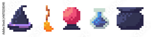 Magic pixel art halloween icon for game. Witch hat for retro 8bit magician costume. Scary autumn wizard set with potion, pot and broom. Arcade sprite illustration with mosaic cauldron decoration