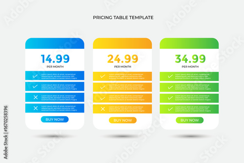 Price comparison table layout template for three products