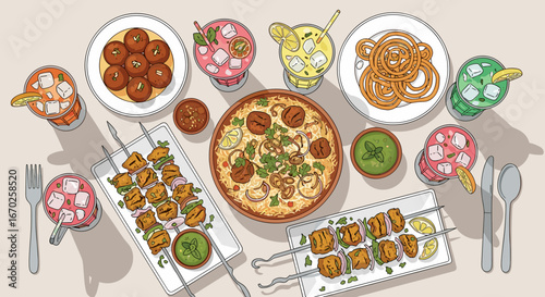 A Delicious Spread of Savory Indian Food and Refreshing Drinks