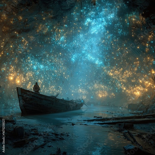 A lone figure in a weathered rowboat navigates a luminous cave