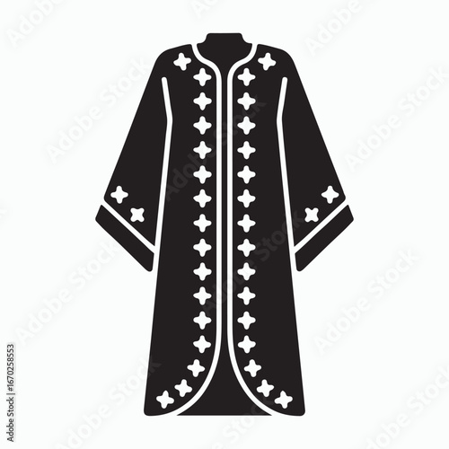 Black traditional garment with ornate neckline isolated on white background