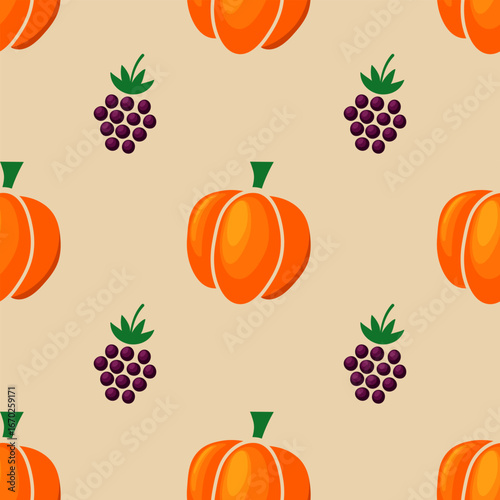 Pumpkins and blackberries seamless pattern on a pastel beige background. Bright orange pumpkins with berries in cartoon style background. Cute vector pattern for a wrapping paper, textiles, wallpaper