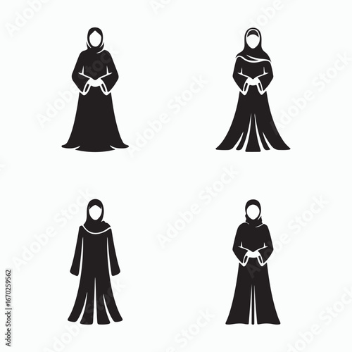 Four silhouettes of women in traditional islamic attire isolated on white background