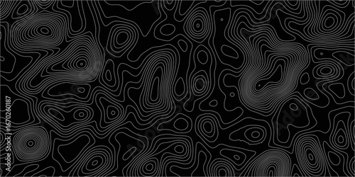 Abstract white on black background with Topographic line map pattern. abstract wavy and curved lines background. linear map. Dark seamless design. Bold tile able isolines pattern. Vector illustration.