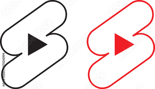 play button, icon, symbol, video, media, social media, digital, technology, entertainment, streaming, short form video, youtube shorts, black, red, outline, line art, white background, graphic design,